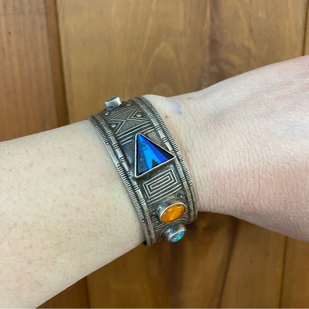 Vintage TABRA Sterling Silver Cuff w/ Gemstones Onyx Lapis Turquoise